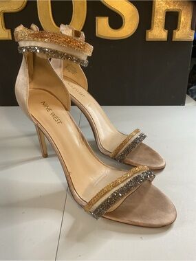 $15 FIRM Nine West Taupe and Gold Beaded Ankle-Strap Heels